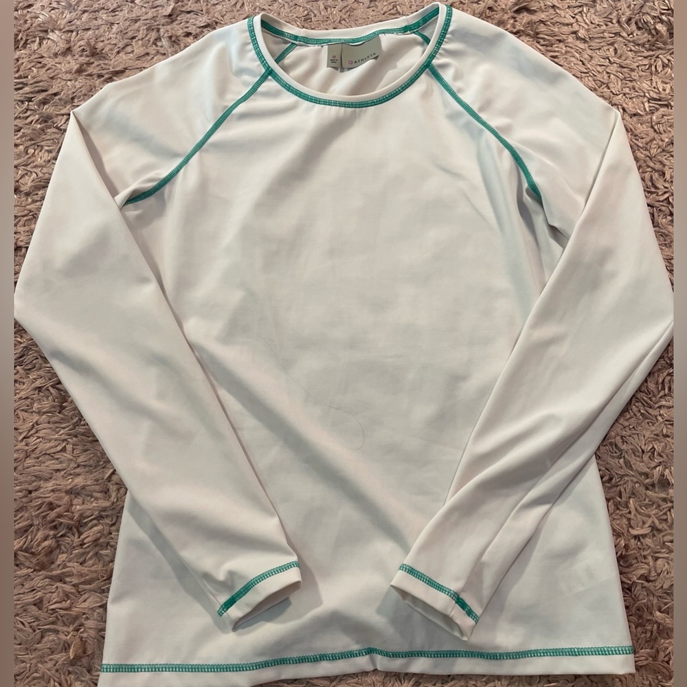 Athleta White Long Sleeve Muscle Tee with Green Trim